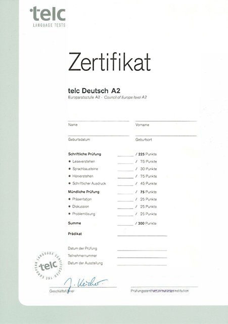 Muster-Zertifikat telc Deutsch A2